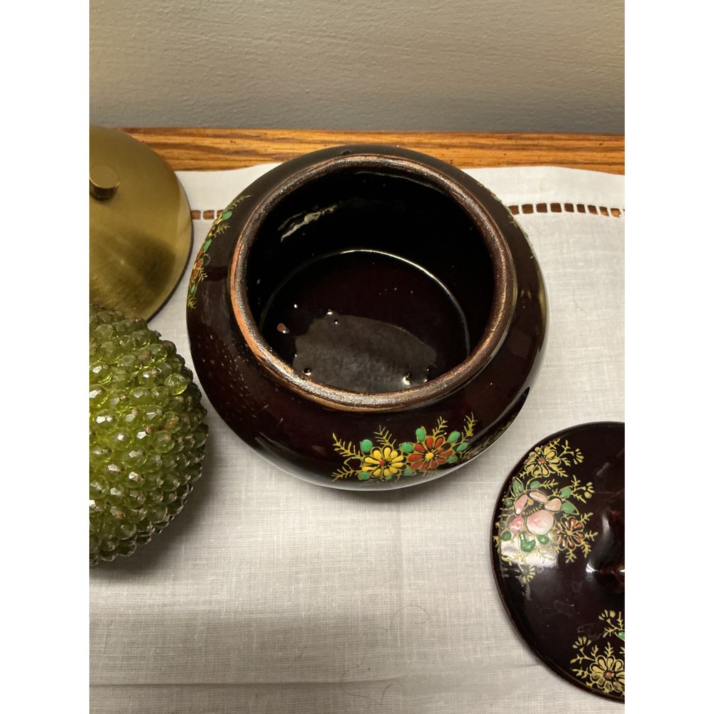Vintage Made in Japan Brown Ceramic Floral Ginger Jar Trinket Bowl with Lid - Picture 5 of 7